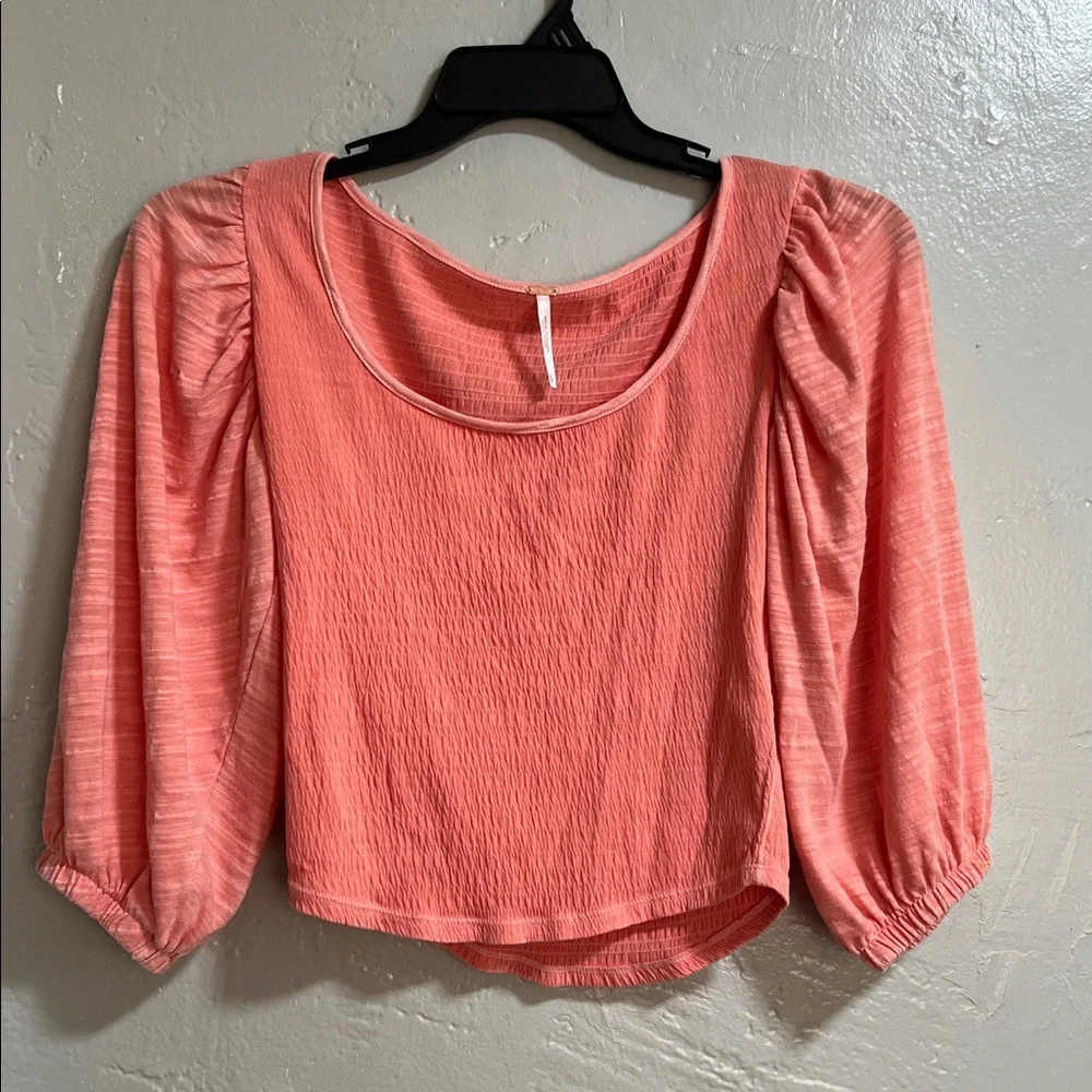 Free People Day Lily Puff Sleeve Blouse Top Size SM Coral Pink